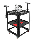 Rock Solid Rolling Planer Stand Handles 550 Lbs Heavy Duty Power Tool Workstation with a jigsaw on top and battery below.