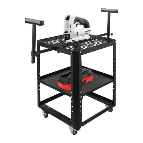 Heavy Duty Rolling Planer Stand That Handles 550 Lbs Like a Champ, Dual Tier Tool Cart with Smooth Rollers, Height Adjustable Miter Saw Table Featuring Rugged Metal Top Perfect for Your Shop Beast and All Benchtop Gear showing jigsaw and battery on black metal cart.