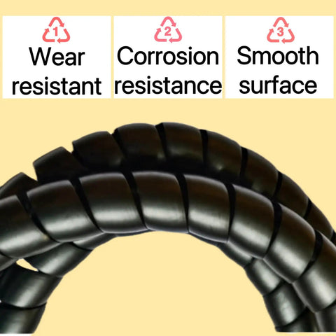 Close-up of Spiral Wrap Cable Protector For Large Diameter Hoses And Cables, showing abrasion-resistant black PP material.