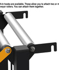 Close-up of built-in hooks on Adjustable Conveyor Roller Stand With Four Smooth Rolling Casters For Infeed And Outfeed.