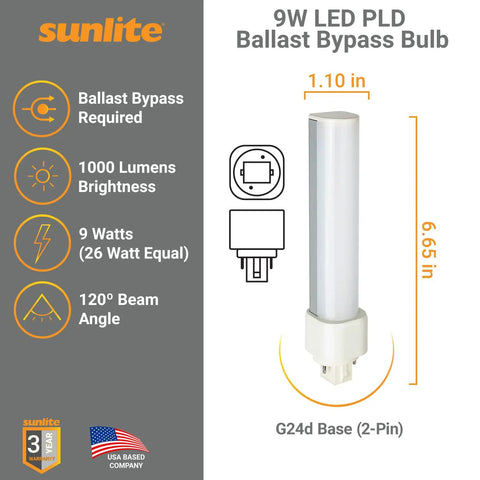 LED PLD Horizontal Plug In Light Bulb 9W Ballast Bypass, 1000 Lumens, G24D 2 Pin Base, 270 Degree Rotating Beam, 4000K Cool White