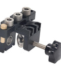 Heavy-Duty Doweling Jig Drill Kit with Adjustable Depth Locator, aluminum clamp with three drill holes for woodworking.