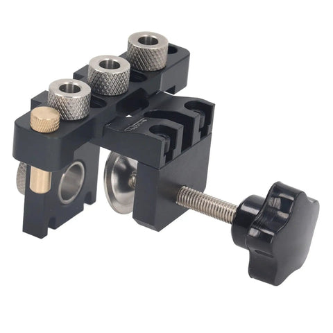 Heavy-Duty Doweling Jig Drill Kit with Adjustable Depth Locator, aluminum clamp with three drill holes for woodworking.