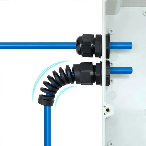All-In-One Cable Gland Kit Set With 38 Pieces Covering PG7 Through PG21 Waterproof 3-18mm Nylon PA66 Strain Relief Springs IP68 Durable For Enclosures, Electrical Boxes, Robotics, And DIY Projects, black cable gland on enclosure