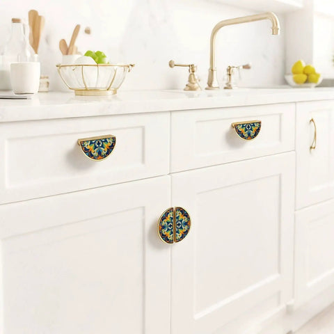 Two Pack Boho Floral Cabinet Handles With 3 Inch Center Holes Semicircle Drawer Pulls in gold finish on white kitchen cabinets