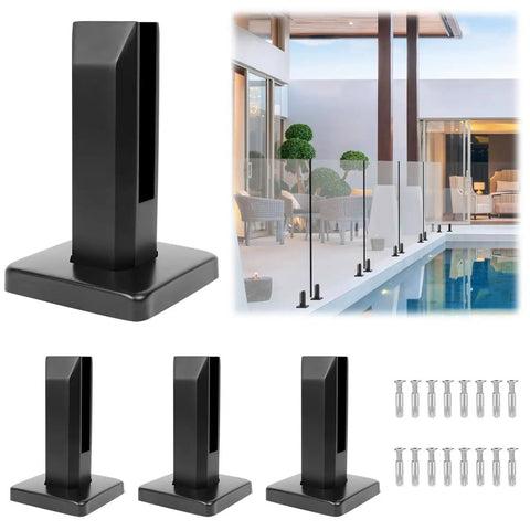 Four Pack 2.1Lb T304 Stainless Steel Square Glass Railing Spigots Built To Last Heavy Duty Frameless Clamp Brackets For Pool Fence Deck Balusters Balcony Patio Stairs Indoor Outdoor Black Level 2, shown near a pool with glass panels installed.
