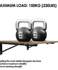 Heavy Duty Folding Shelf Brackets For Wall Mounts And Benches Collapsible Metal Support Brackets with kettlebells on wooden shelf