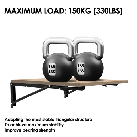 Heavy Duty Folding Shelf Brackets For Wall Mounts And Benches Collapsible Metal Support Brackets with kettlebells on wooden shelf