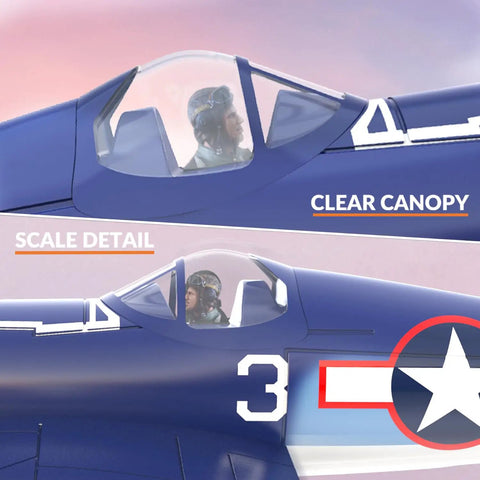 Close-up of RC Planes For Adults With 4 Channel RTF F4U Corsair Fighters cockpit showing clear canopy and scale detail.