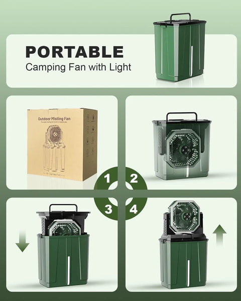 All In One Misting Fan With 24000mAh Battery And 8L Water Tank For Outdoor Cooling While Camping Or On The Worksite shown folded