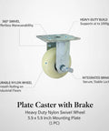Heavy Duty Plate Caster With Brake 5.9 X 5.9 Inch Plate Mount For Industrial Equipment And Workbenches Nylon Swivel Wheel