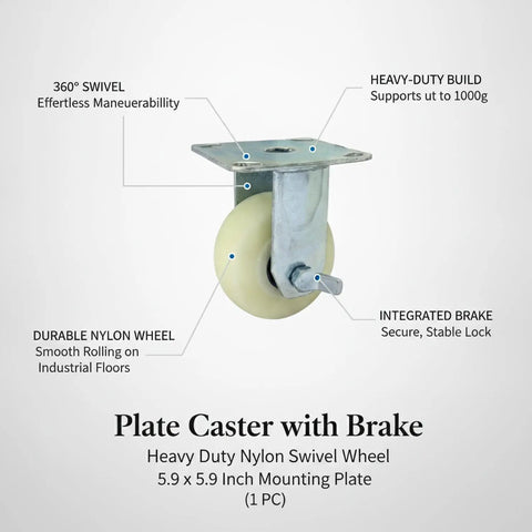 Heavy Duty Plate Caster With Brake 5.9 X 5.9 Inch Plate Mount For Industrial Equipment And Workbenches Nylon Swivel Wheel