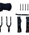 Components of Heavy Duty Ceiling Bike Mount And Pulley System For Garage Steel Bike Lift Hoist with screws and pulleys.