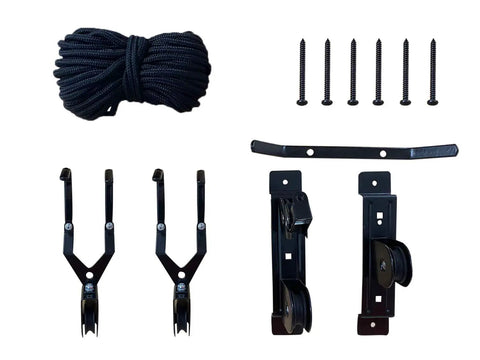 Components of Heavy Duty Ceiling Bike Mount And Pulley System For Garage Steel Bike Lift Hoist with screws and pulleys.
