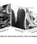 Effortless Automatic Shoe Cover Dispenser With 100 Disposable Plastic Overshoe Packs showing humorous sock and shoe issues.