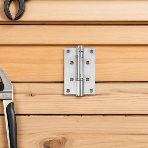 Stainless Steel Spring Loaded Self Closing Hidden Door Hinge on wood background with tools, Built Tough 4 Pack Concealed Door Closers