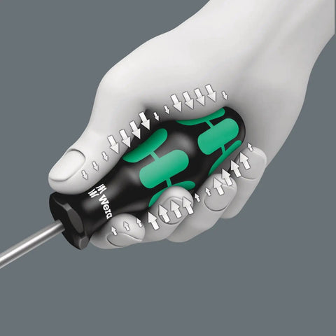 Hand holding Kraftform Plus Slotted Screwdriver with ergonomic multi-component handle and blade visible