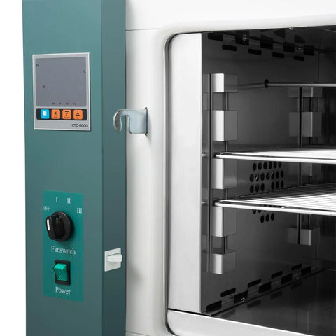 Close-up of Heavy Duty Double Rack Electric Convection Drying Oven With Sharp Digital Temp Control and Independent Fan Switch.