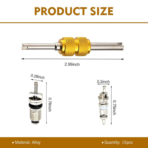 Garage Ready Air Conditioning Valve Core Kit For R12 And R134A showing tool and valve core sizes in alloy, 16 pcs detailed view.