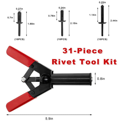 Heavy Duty Rivet Gun Kit For Auto Jobs, 31 Piece Hand Riveter Set With 3 Size Blind Rivets, Steel Construction, Deep Reach Head For Tight Spots, Pro Grade Car Door Panels And Automotive Fastening, 5.9in hand tool