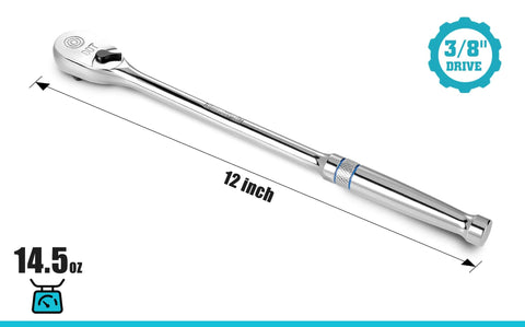 Extra Long 12 Inch Three Eighths Inch Drive Ratchet Wrench With Ninety Tooth Gear Dust Proof Teardrop Enclosed Head Reversible Heavy Duty