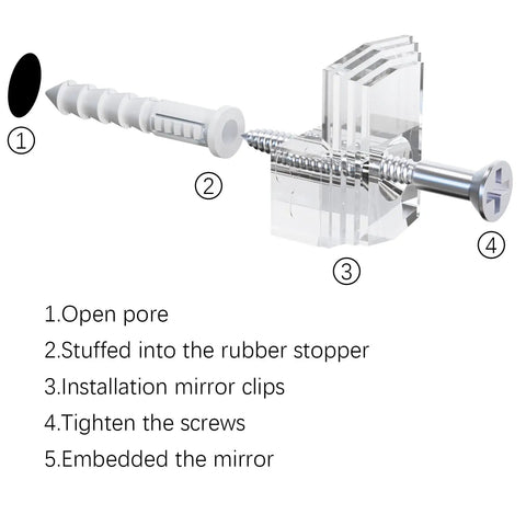 Foolproof Mirror Holder Kit Boasting 22 Slick Clear Plastic Clips With Heavy Duty Screws Crafted For 3 16 Inches Of Glass Panels And Hassle Free Door Framing Installations, showing installation steps.