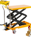 Heavy Duty Hydraulic Lift Table Cart With Lockable Wheels And Rolling Garage Hoist on wheels, showcasing sturdy scissor arm design.