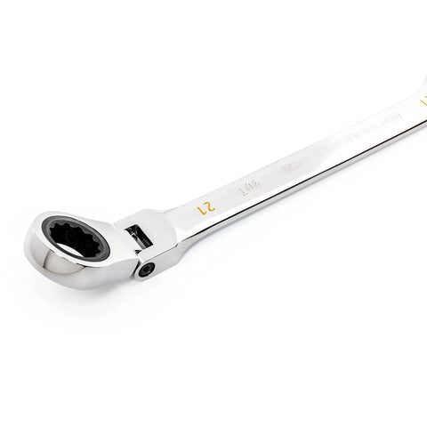 21mm 4 Degree Swing Arch 12 Point Flex Head Ratcheting Combination Wrench, steel, showing flexible head and dual direction grip.