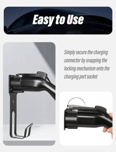 Heavy Duty Wall Mount J Hook Bracket To Store J1772 EV Charger Cables, showing easy use of the charging connector.