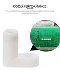 Close-up of white L-shape plastic bracket next to PCB, part of 100 Piece White Plastic Corner Brackets L Shape Angled Brackets For PCBs And Shelf Reinforcement Easy Install Reusable Corner Supports Durable Plastic DIY Mounts.