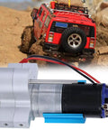 Beefy Speed Change Metal Gearbox With 370 Brush Motor For WPL C14 C24 B14 B24 B16 B36 RC Cars CNC Machined Transfer Gearbox With Anodized Finish For Serious Off Road Racing And Stunt Runs showcasing gearbox and motor with RC car