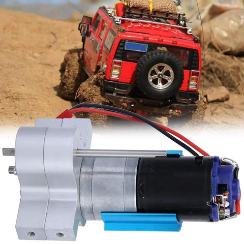 Beefy Speed Change Metal Gearbox With 370 Brush Motor For WPL C14 C24 B14 B24 B16 B36 RC Cars CNC Machined Transfer Gearbox With Anodized Finish For Serious Off Road Racing And Stunt Runs showcasing gearbox and motor with RC car