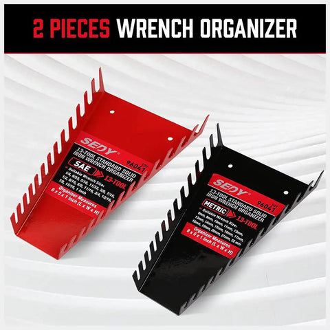 Red and black wrench trays from 26 Pack Metal Wrench Organizer Set, Wall Mounted Storage Trays Rack For Tool Box Drawer Chest