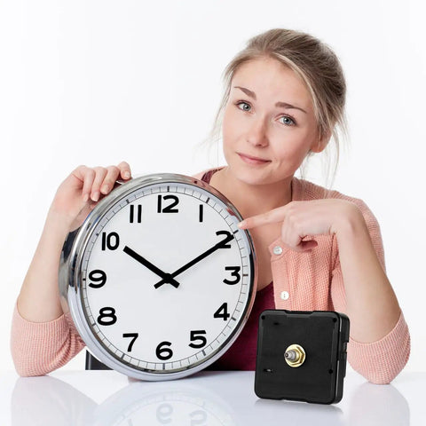 Person holding a wall clock and Quartz Clock Movement Replacement For DIY Projects With Quiet Sweep Technology Silent Battery Operated