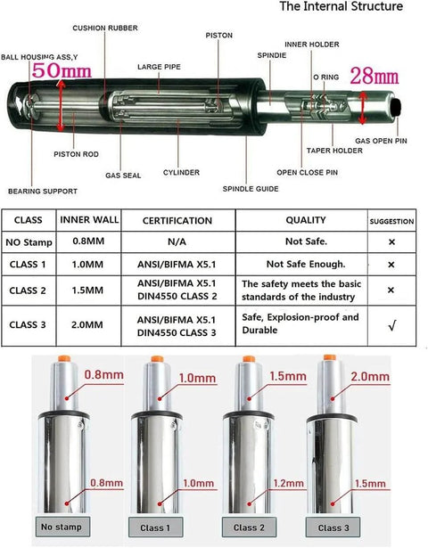 Diagram of tall gas lift cylinder replacement showing internal structure and specifications for drafting chairs and bar stools.