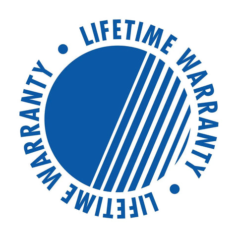 Blue lifetime warranty logo with circular design and diagonal lines, emphasizing product durability and customer assurance.
