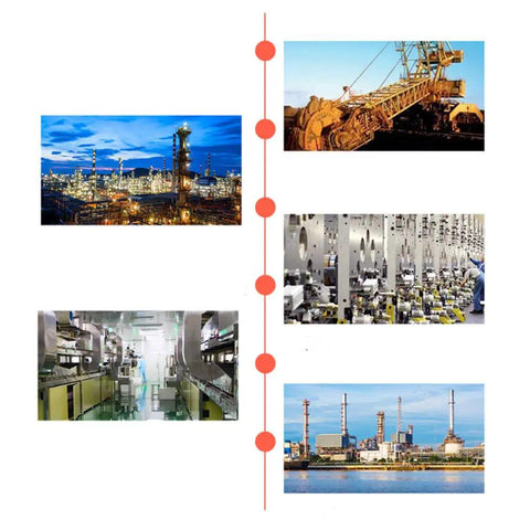 Collage of industrial settings showing refineries, machinery, and clean rooms in a manufacturing environment.