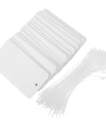 Super Handy Waterproof PVC Hang Tags With Lanyards Pack Of One Hundred Blank White Tags stacked with attached strings
