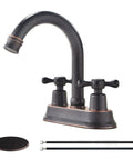 Oil Rubbed Bronze Bathroom Faucet With 2 Handles 4 Inch Centerset Vanity Sink Faucet Stainless Steel Farmhouse Deck Mount Lavatory Mixer Tap For RV And Home with matching supply lines and drain cover