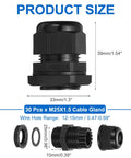 30 Pcs M25 Cable Gland Set For 12 To 15mm Wire Holes Waterproof Nylon Joint with dimensions and components shown in black