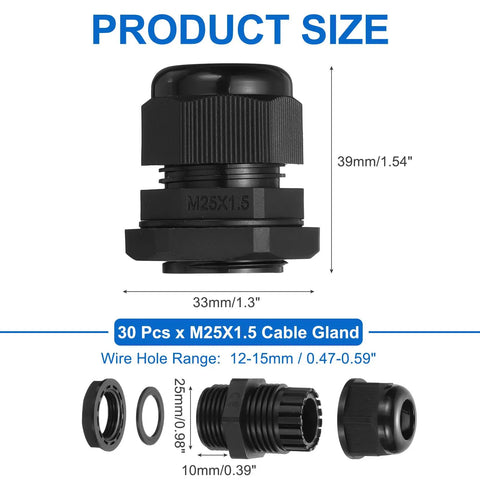 30 Pcs M25 Cable Gland Set For 12 To 15mm Wire Holes Waterproof Nylon Joint with dimensions and components shown in black