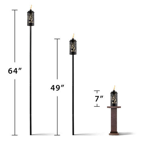 Hunter Metal 64.5 Inch Torch Two Pack For Patio Backyard Lawn Decor Black Finish with height comparison, three sizes