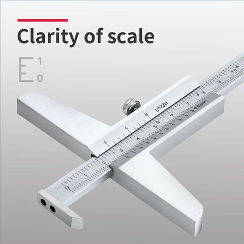 Close-up of 0-200mm Depth Gauge Vernier Caliper For Tight Spaces With Hook, Built Tough Precision Measurement Tool, High Strength Carbon Steel.