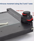 Manual Gliding Stage For Microscopes With XY Travel, showing adjustment knobs for 60mm horizontal and 55mm vertical strokes.