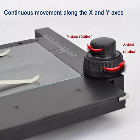 Manual Gliding Stage For Microscopes With XY Travel, showing adjustment knobs for 60mm horizontal and 55mm vertical strokes.