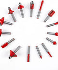 Pro Level 800W Palm Router Kit with 15 Quarter Inch Router Bits arranged in a circle for woodworking precision.
