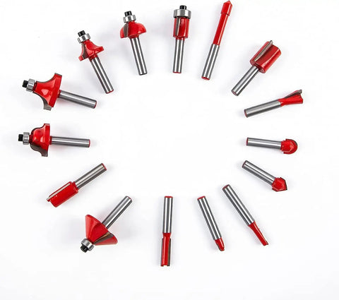 Pro Level 800W Palm Router Kit with 15 Quarter Inch Router Bits arranged in a circle for woodworking precision.