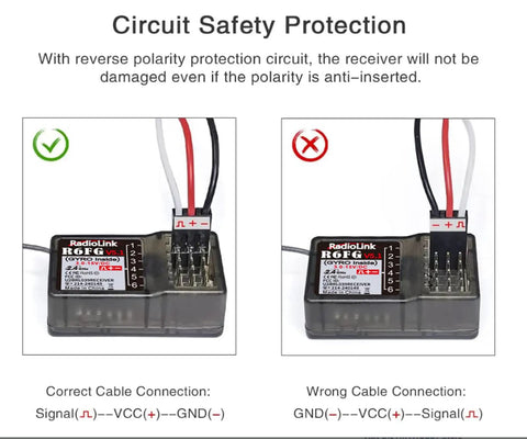 R6FG 6 Channel 2.4GHz Surface Receiver For RC Cars And Boats showing correct and incorrect cable connections