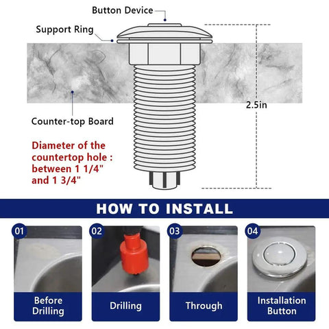 Diagram showing Cordless Air On Off Push Button Kit for Garbage Disposal installation process with 2.5-inch sink top button.
