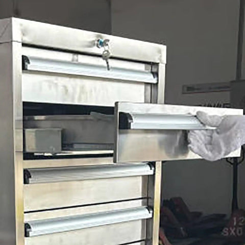 Built Like Beef Rolling Steel Tool Cabinet With Grip Tight Locking Drawers, Detachable Mobile Garage Workbench with open drawer.